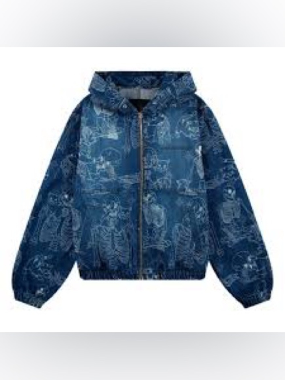 Derschutze  Blue Denim Graphic Distressed Zip Jacket size medium